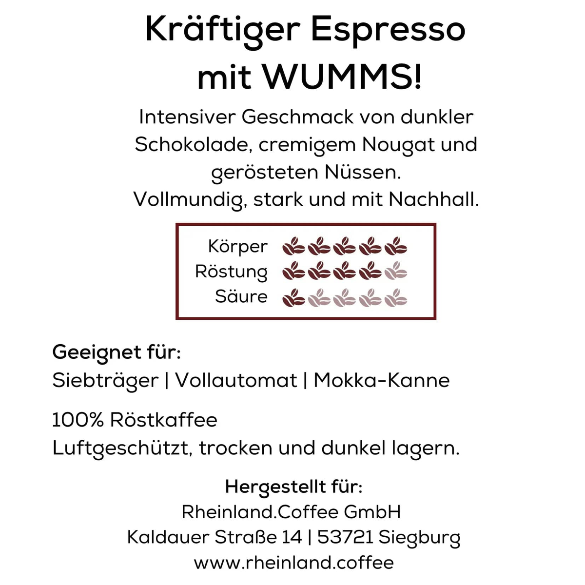 WUMMS - Espressobohnen dunkle Schokolade, Nougat und Nüsse Kaffee Rheinland.Collection - rhiinland.com