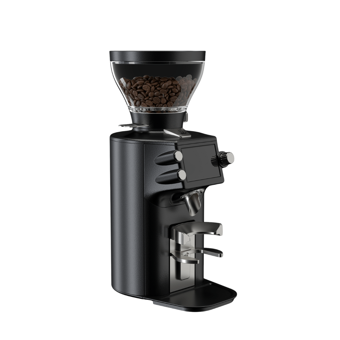 Mahlkönig E64 WS Espressomühle in Schwarz schräg von vorn, mit Bohnenbehälter und Siebträgerhalter