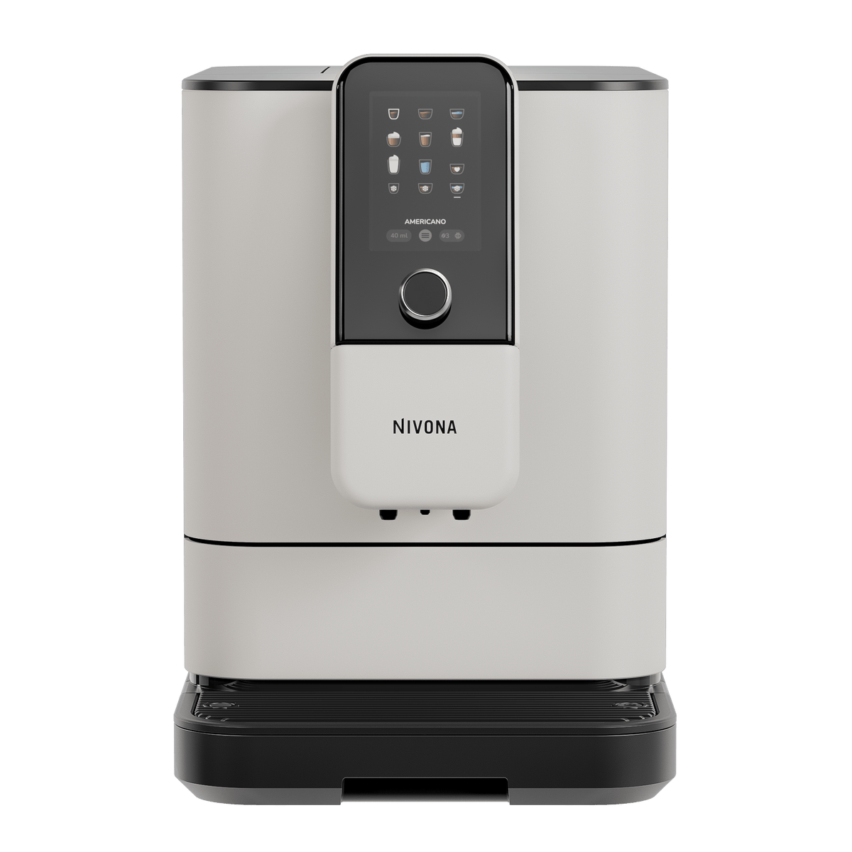 Nivona NIVO 8'112 Kaffeevollautomat in Cremeweiß von vorn mit eingeschaltetem Display