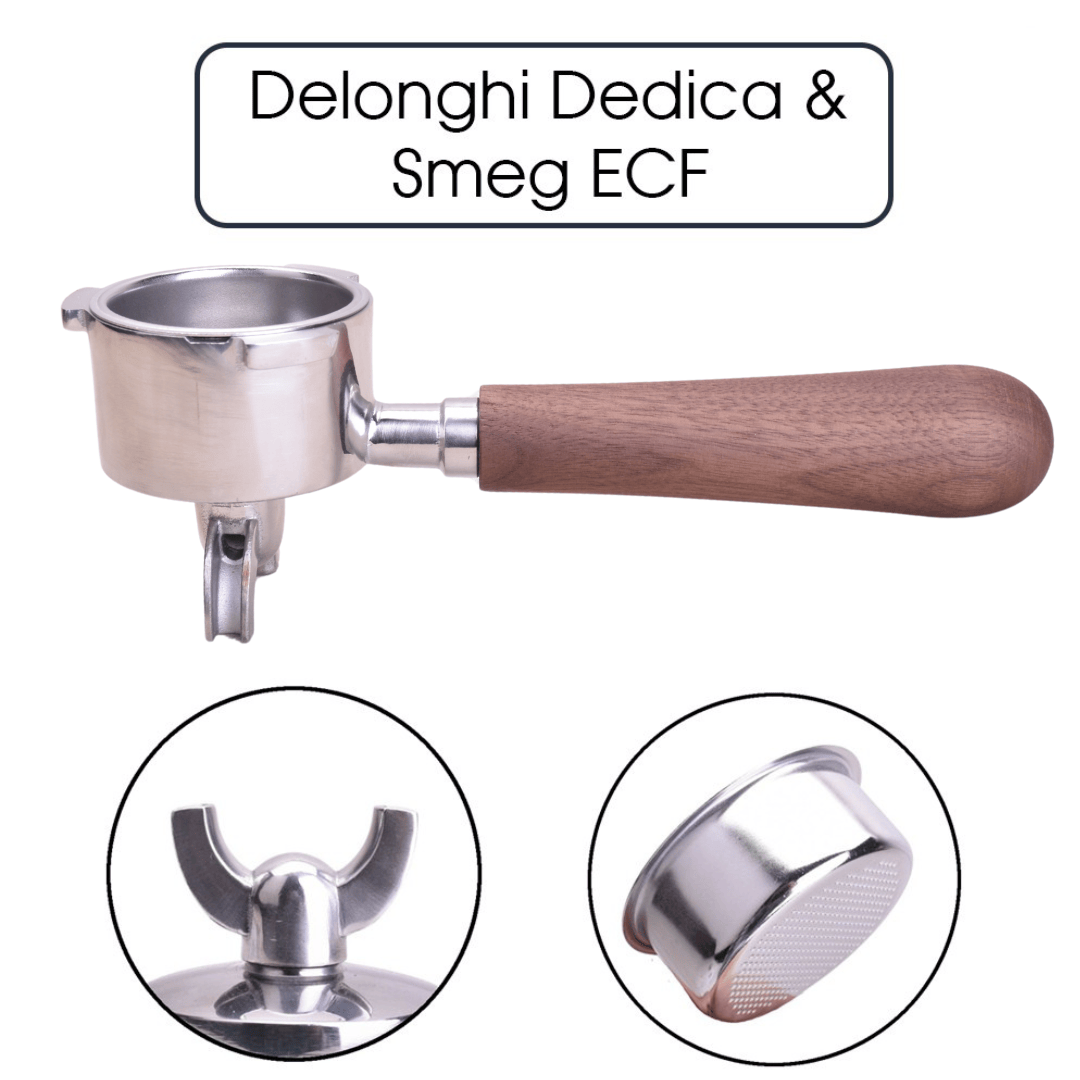 JoeFrex Siebträger Walnuss für Delonghi Dedica & Smeg ECF – 1er oder 2er Auslauf oder Bodenlos Siebträger JoeFrex 1er Auslauf - rhiinland.com