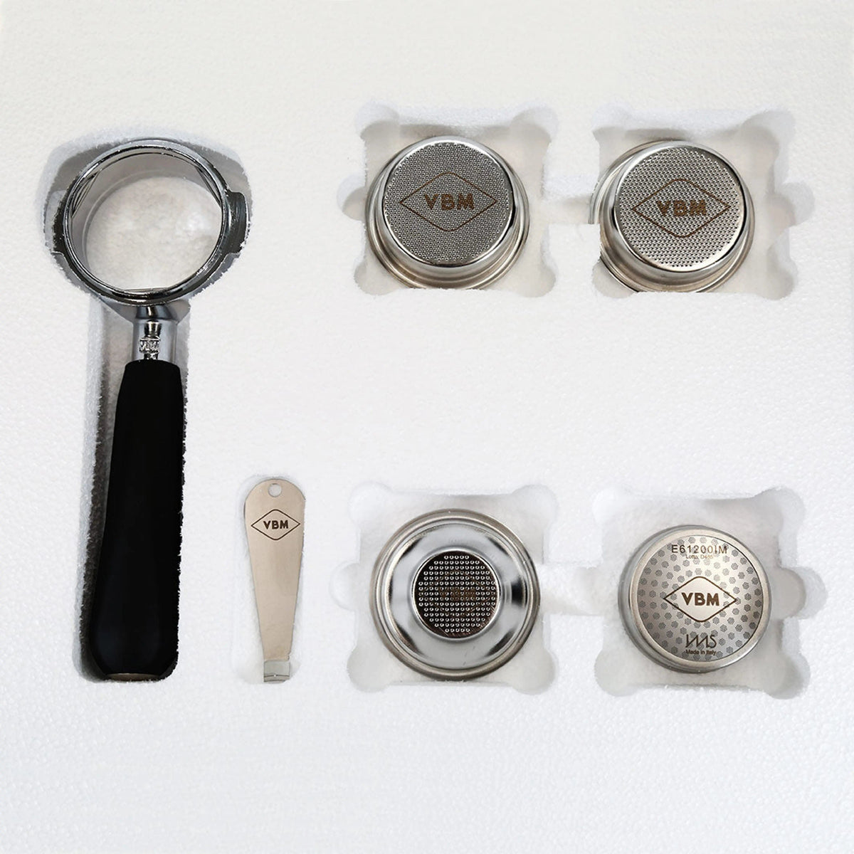 VBM Tasting Kit - Bodenloser E61 Siebträger, 3 Siebe, Dusche, Filter Remover Siebe VBM - rhiinland.com