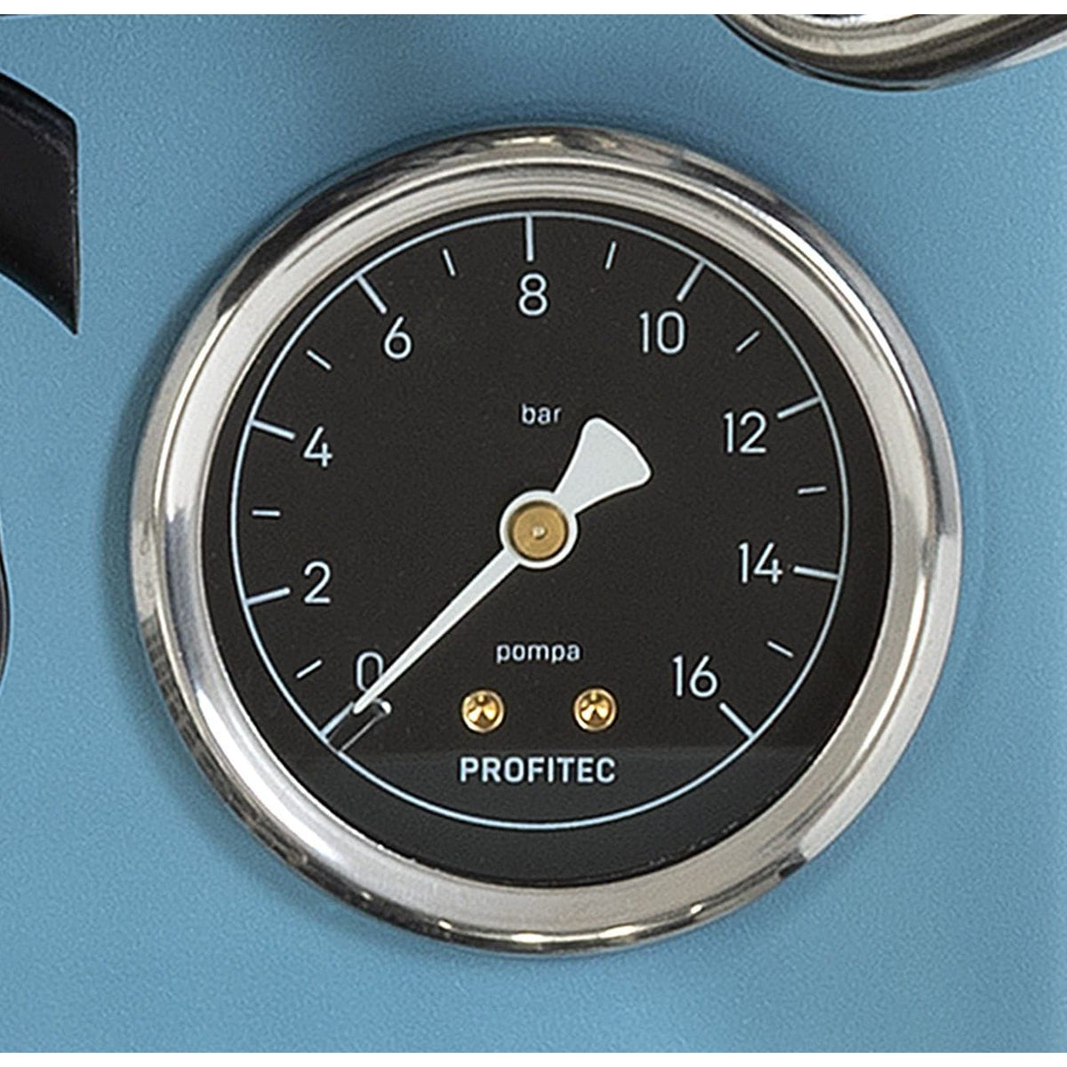 Pumpendruckmanometer der Profitec GO 2.0 in Blau mit Skala von 0 bis 16 bar